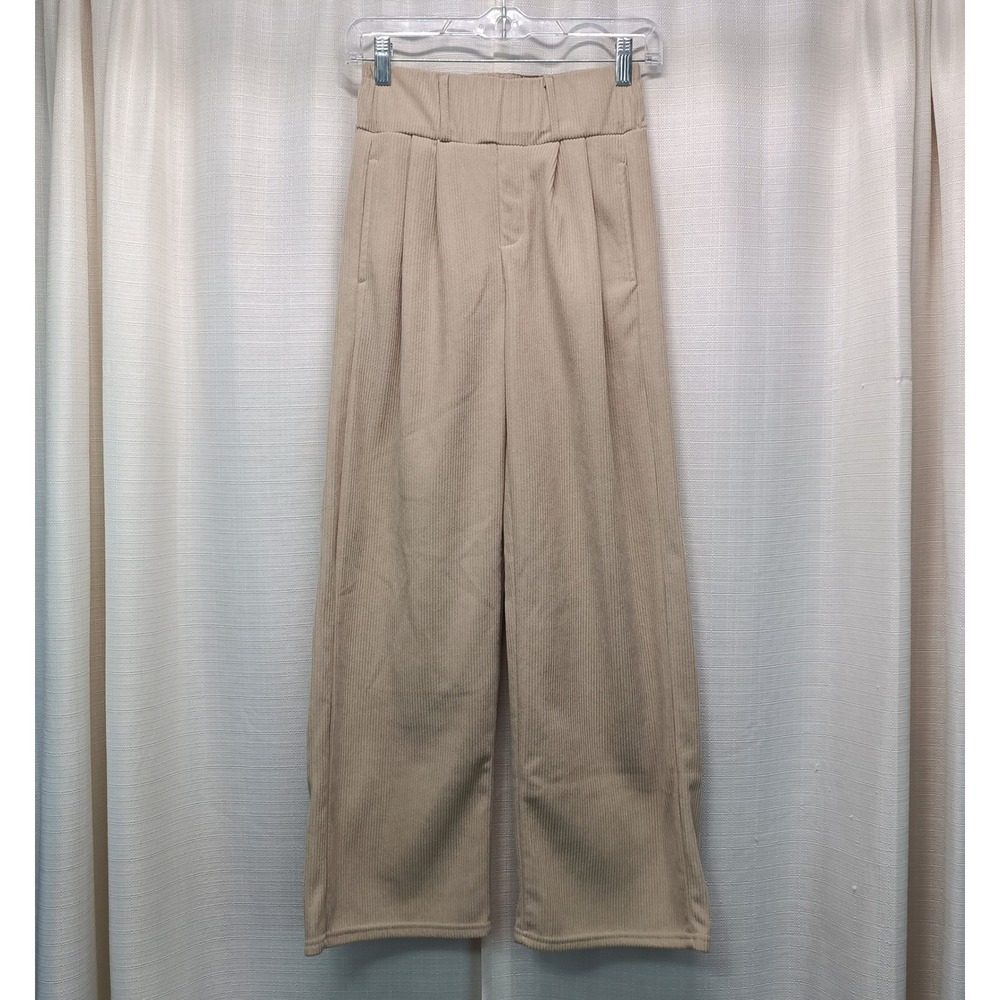 La La Muse Tan Ribbed Corduroy Wide Leg Pleated Pants Fleece Lined Small Casual